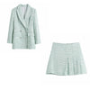 2023 Tweed Women Two-piece Set Green Vintage Office Lady Double Breasted Blazer Female Slim High Waist Culottes Skirt Suit
