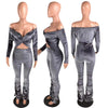 2023 Velvet Sexy Women Two Piece Slash Neck Crop Top + Pants Pleated Stacked Sportsuit Tracksuit Clothes For Women Outfit