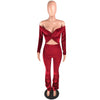 2023 Velvet Sexy Women Two Piece Slash Neck Crop Top + Pants Pleated Stacked Sportsuit Tracksuit Clothes For Women Outfit