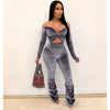 2023 Velvet Sexy Women Two Piece Slash Neck Crop Top + Pants Pleated Stacked Sportsuit Tracksuit Clothes For Women Outfit