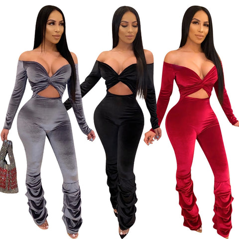 2023 Velvet Sexy Women Two Piece Slash Neck Crop Top + Pants Pleated Stacked Sportsuit Tracksuit Clothes For Women Outfit
