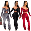 2023 Velvet Sexy Women Two Piece Slash Neck Crop Top + Pants Pleated Stacked Sportsuit Tracksuit Clothes For Women Outfit