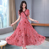 2022 Vintage Boho Red Print Chiffon Lace Beach Long Dress Spring Summer Runway Maxi Dresses Elegant Women Bodycon Party Vestidos