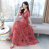 2022 Vintage Boho Red Print Chiffon Lace Beach Long Dress Spring Summer Runway Maxi Dresses Elegant Women Bodycon Party Vestidos