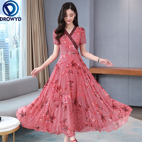 2022 Vintage Boho Red Print Chiffon Lace Beach Long Dress Spring Summer Runway Maxi Dresses Elegant Women Bodycon Party Vestidos
