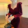 2022 Vintage Christmas Wine Red Gold Velvet Dress Autumn Winter High-end French Waist Elegant Annual Party Evening Women Dress