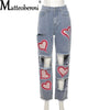 2022 Vintage Ripped Hollow Cotton Denim Trousers Women Love Print High Waist Loose Straight Jeans Female Wide Legs Pants