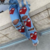 2022 Vintage Ripped Hollow Cotton Denim Trousers Women Love Print High Waist Loose Straight Jeans Female Wide Legs Pants