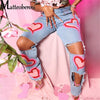 2022 Vintage Ripped Hollow Cotton Denim Trousers Women Love Print High Waist Loose Straight Jeans Female Wide Legs Pants