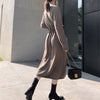 2022 Vintage Women Knitted Dress Autumn Winter Brief V-neck Warm Drawstring Lace-up Loose Midi Female Sweater Dress
