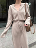 2022 Vintage Women Knitted Dress Autumn Winter Brief V-neck Warm Drawstring Lace-up Loose Midi Female Sweater Dress