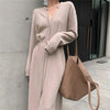 2022 Vintage Women Knitted Dress Autumn Winter Brief V-neck Warm Drawstring Lace-up Loose Midi Female Sweater Dress