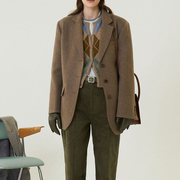 2023 Winte Women Retro Woolen Blazer Coat Skirt Suit Femme High Waist Mini Jupe Long Sleeve Single-Breasted Ladies Jacket Top