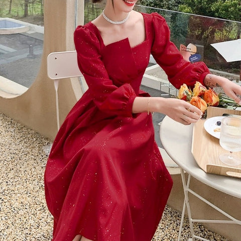 2022 Winter Evening Party Dress Women Elegant One Piece Dress Korean Puffer Sleeve Y2k Midi Dress Vintage Clothing Chic