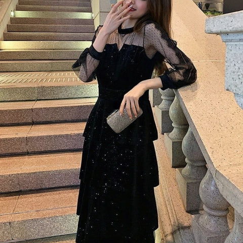 2022 Winter Evening Party Dress Women Lace Design Korean Vintage Y2k Midi Dress Long Sleeve Black Cupcake Dress Female