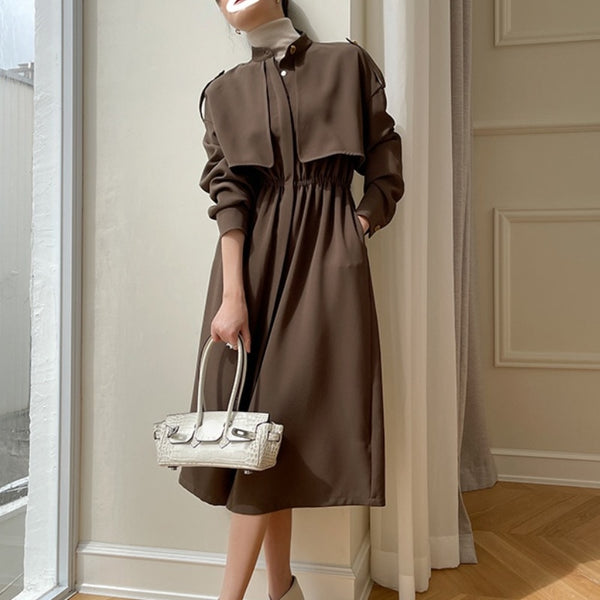 2022 Winter Safari Style Trench Dress Women Casual Long Sleeve Outwear Office Lady Midi Shirt Dress Party One Piece Dress Korea