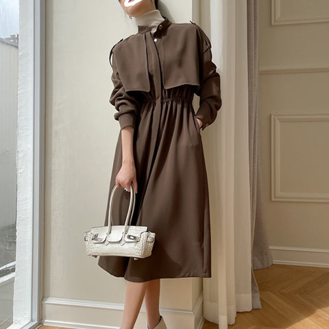 2022 Winter Safari Style Trench Dress Women Casual Long Sleeve Outwear Office Lady Midi Shirt Dress Party One Piece Dress Korea