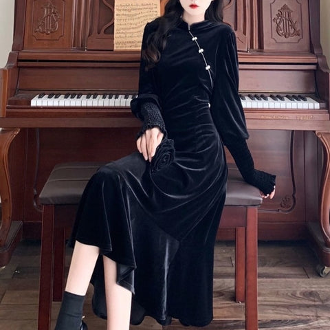 2022 Winter Velvet Cheongsam Dress Women Vintage One Piece Dress Korean Long Sleeve Black Y2k Midi Dress Evening Party Button Up
