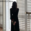 2022 Winter Velvet Midi Dress Evening Party One Piece Dress Korea Long Sleeve Black Y2k Dress Off Shoulder Sexy Elegant Clothing