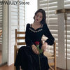 2022 Winter Velvet Midi Dress Evening Party One Piece Dress Korea Long Sleeve Black Y2k Dress Off Shoulder Sexy Elegant Clothing