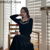 2022 Winter Velvet Midi Dress Evening Party One Piece Dress Korea Long Sleeve Black Y2k Dress Off Shoulder Sexy Elegant Clothing