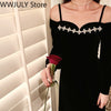 2022 Winter Velvet Midi Dress Evening Party One Piece Dress Korea Long Sleeve Black Y2k Dress Off Shoulder Sexy Elegant Clothing