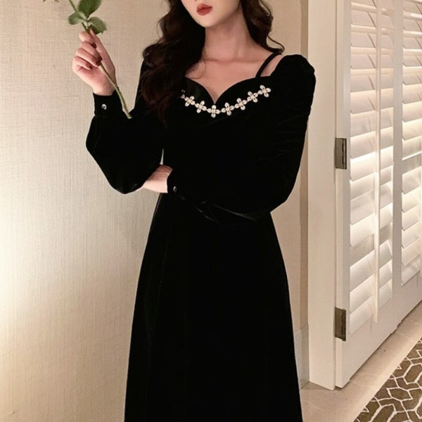 2022 Winter Velvet Midi Dress Evening Party One Piece Dress Korea Long Sleeve Black Y2k Dress Off Shoulder Sexy Elegant Clothing