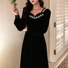 2022 Winter Velvet Midi Dress Evening Party One Piece Dress Korea Long Sleeve Black Y2k Dress Off Shoulder Sexy Elegant Clothing