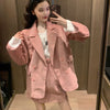 2023 Women Autumn Rose Red Corduroy Blazer Two Piece Set Double Breasted Suits With Mini skirt
