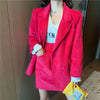 2023 Women Autumn Rose Red Corduroy Blazer Two Piece Set Double Breasted Suits With Mini skirt