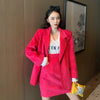 2023 Women Autumn Rose Red Corduroy Blazer Two Piece Set Double Breasted Suits With Mini skirt