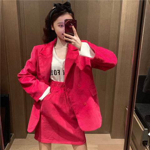 2023 Women Autumn Rose Red Corduroy Blazer Two Piece Set Double Breasted Suits With Mini skirt
