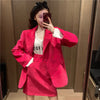 2023 Women Autumn Rose Red Corduroy Blazer Two Piece Set Double Breasted Suits With Mini skirt
