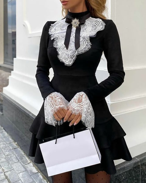 2022 Women Elegant Sexy Long Sleeve Lace Bell Sleeve Ruffle Dress OL Classic Romantic Patchwork Mini Dress