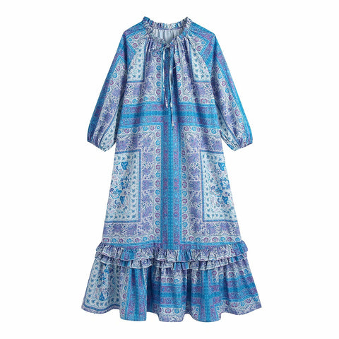 2022 Women  With Tie Bow Printed Ruffled Hem Dress O-Neck Long Sleeves Vintage Chic Lady Midi Dresses Woman Robe