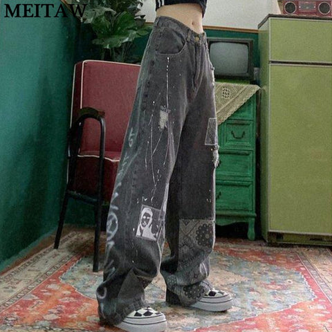 2022 Women Pants Streetwear Ladies Gothic Oversize Wide Leg Trousers Casual Hip Hop Y2K Harajuku Vintage Jeans