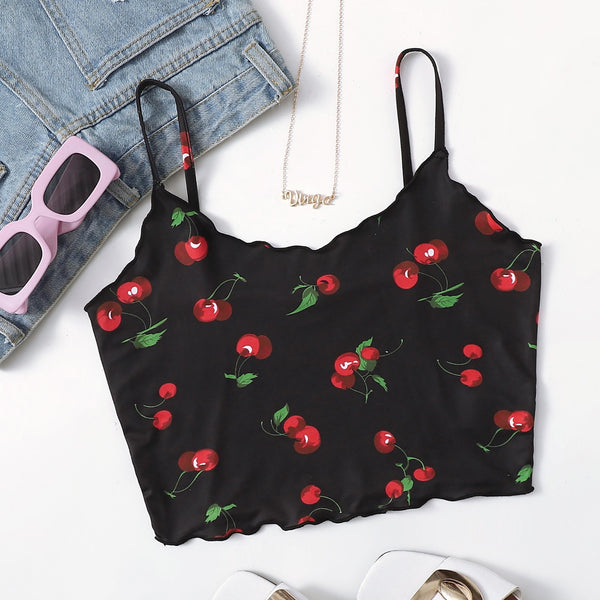 2022 Women Ruffles Cherries Print Crop Top Fashion Sexy Sleeveless Tops Women Vest V-neck Tops Vest Streetwear Top Shirt Femme