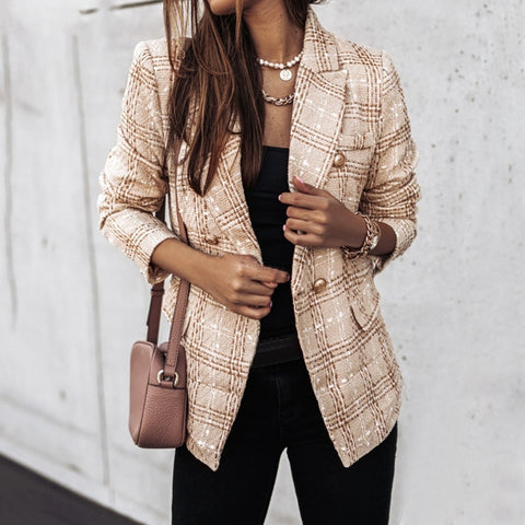2023 Women Spring-Autumn Vintage Tweed Suit Elegant Plaid Women Blazer Coat Causal Long Sleeve Double Breasted Tweed Coat Short