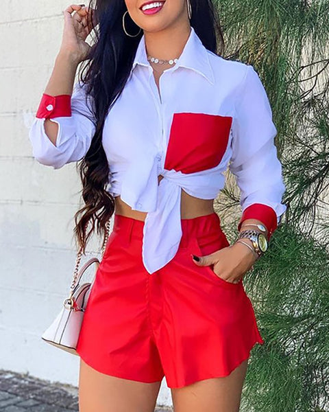 2023 Women Spring Summer Colorblock Tie Front Top & Shorts Set Turn-down Collar Pockets Long Sleeve Casual Blouse