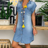 2022 Women Summer Dress Short Sleeve High Quality Solid Denim Sundress Turn Down Collar Mini Party Ol Dress Lady Dresses