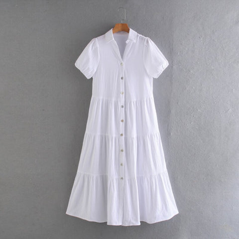 2022 Women Summer White Elegant Midi Shirt Dress Vintage Casual Solid Short Sleeve Female Office Lady Pleated Loose Sundress