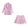 2022 Women Two-piece Set Loose Cotton Pink Plaid Vintage Office Lady Blazer Female High Waist Shorts Skirt Suit