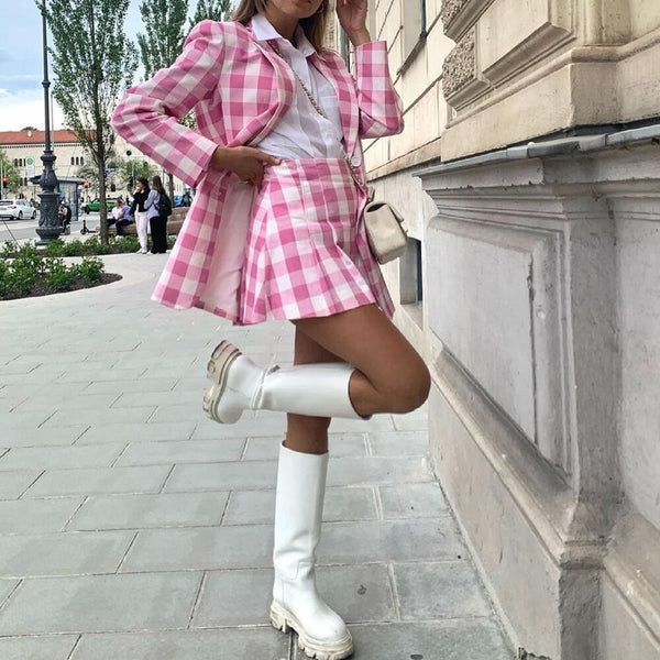 2022 Women Two-piece Set Loose Cotton Pink Plaid Vintage Office Lady Blazer Female High Waist Shorts Skirt Suit