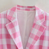 2022 Women Two-piece Set Loose Cotton Pink Plaid Vintage Office Lady Blazer Female High Waist Shorts Skirt Suit