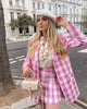 2022 Women Two-piece Set Loose Pink Cotton Plaid Vintage Office Lady Single Breasted Blazer Female High Waist Skirt Suit