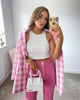 2022 Women Two-piece Set Loose Pink Cotton Plaid Vintage Office Lady Single Breasted Blazer Female High Waist Skirt Suit