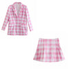 2022 Women Two-piece Set Loose Pink Cotton Plaid Vintage Office Lady Single Breasted Blazer Female High Waist Skirt Suit