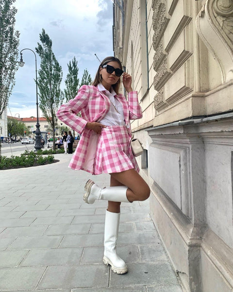 2022 Women Two-piece Set Loose Pink Cotton Plaid Vintage Office Lady Single Breasted Blazer Female High Waist Skirt Suit