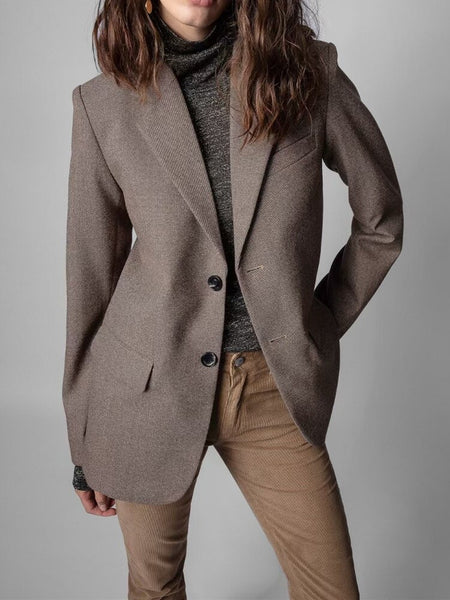 2022 Women Wool Blend Notched Business Blazer Coat Ladies Elegant Long Sleeve Single-Breated Jacket Female Outwear with Pockets