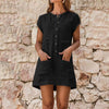 2022 Women's Casual Mini Dress Short Sleeve Button Cotton Linen Ladies Summer Loose Breasted Pocket Solid Short Dresses #T3G
